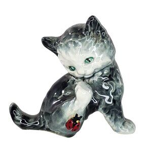 Sitting Miniature Goebel Cat Figurine with Lady Bug Green Eyed Gray Tabby